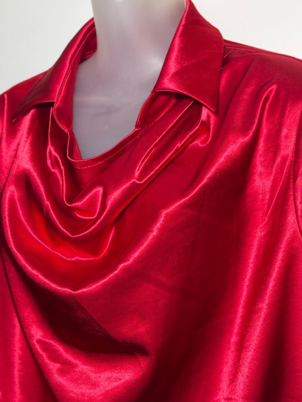 Mooyius Elegant Red Satin Blouse with Draped Neckline